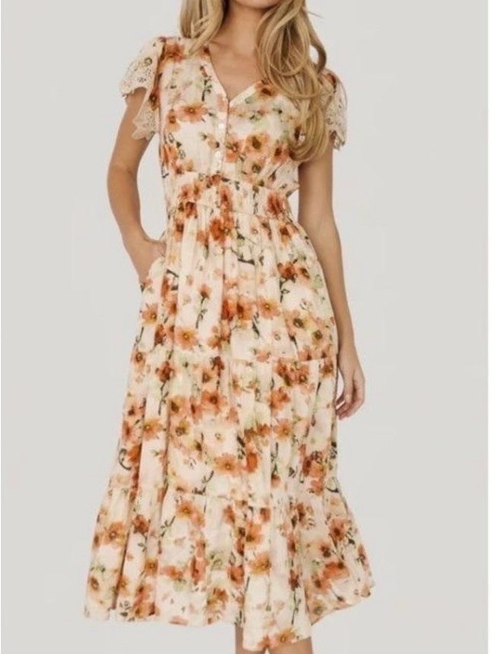 NWT Baltic Born Aliyah Midi Tiered Dress Medium Floral Fairy Pockets Smocked